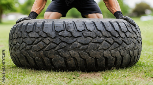 Close up of athlete performing outdoor tire sequences, crossfit and functional training