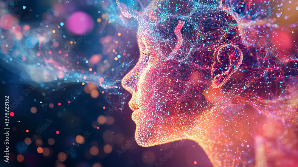 Big Data concept. Digital neural network. Introduction of artificial intelligence. Cyberspace of future. Abstract business 3D illustration, shallow depth of field