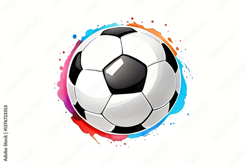 Fototapeta premium Soccer ball with dynamic colorful watercolor splash effect around it on white background, isolated design element for sports graphics and decoration.