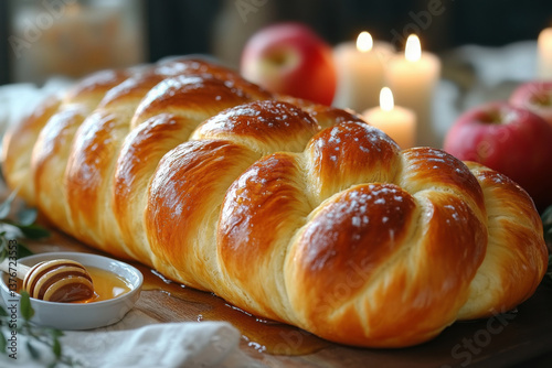 Traditional Jewish challah bread and honey for holiday celebration. Jewish holiday traditions and sweet new beginnings.    