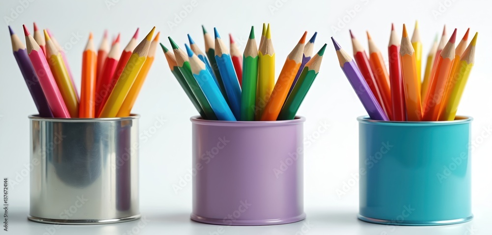 Fototapeta premium Three pencil containers in rainbow colors silver blue purple. Each filled colored pencils are perfect art supplies. Stationery items on white background. Education, school, creativity and art concept.
