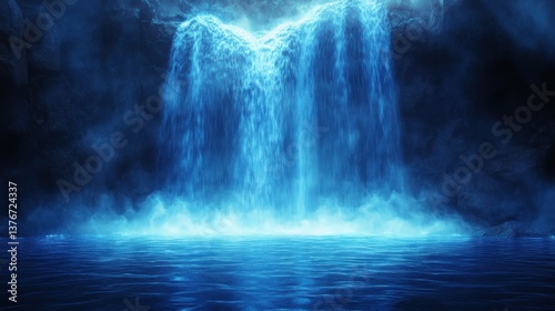 Mystical blue waterfall cascading into a tranquil pool of water within a dark cave.