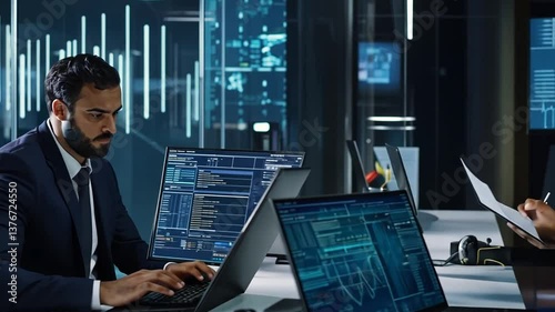 Highly focused IT professionals working in a modern cyber security operations center