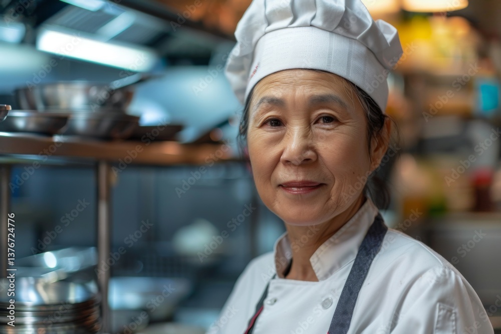 Middle aged female Asian chef in a kitchen setting Middle aged female Asian chef in a kitchen setting