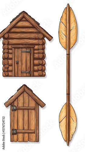 Log Cabin with Outbuildings, and Arrow.