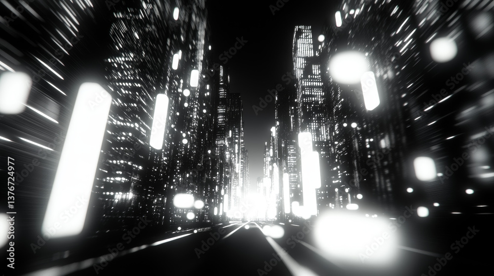 Big data, cryptography programming 3D illustration. Neural network, cloud technologies. Global database, artificial intelligence. Bright, black and white background with bokeh effect