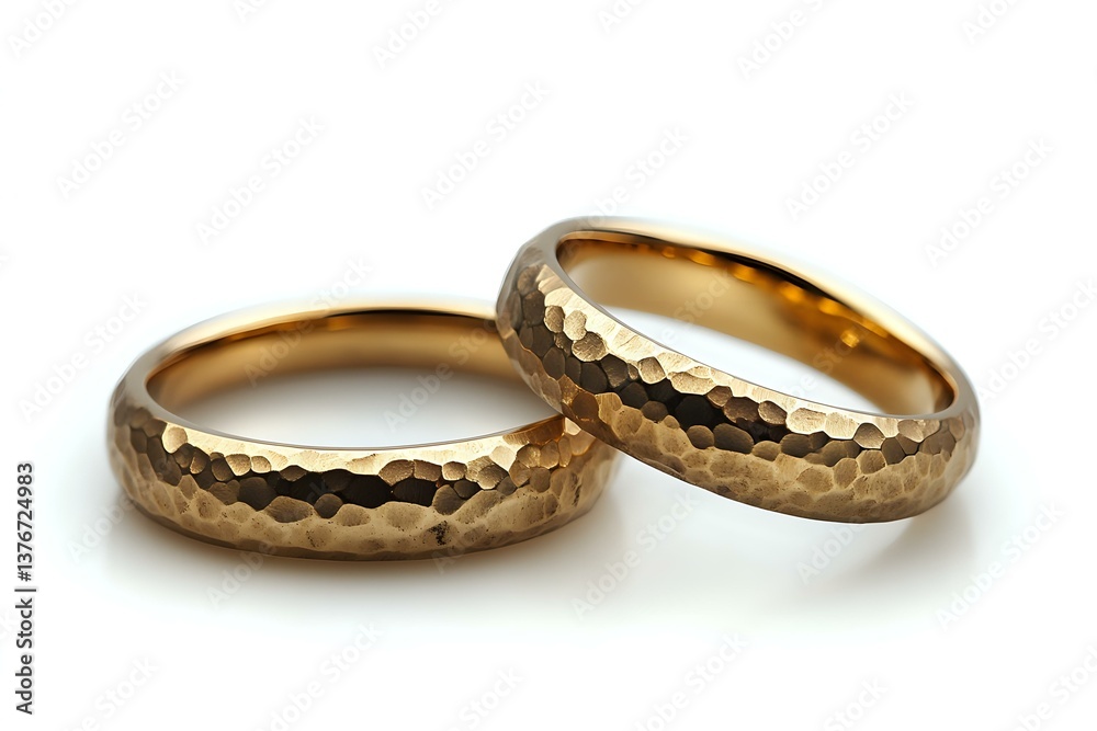 Hammered gold wedding bands with textured surface pattern on white background, matching pair of rings showing unique artisanal metalwork detail.