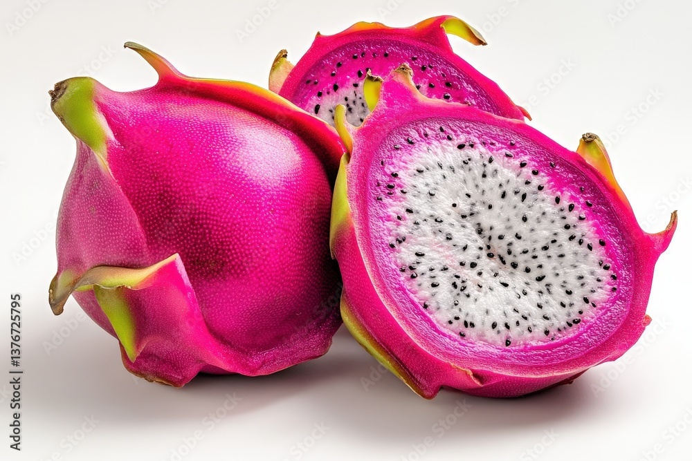Close up of several fresh dragon fruit displayed on white Close up of several fresh dragon fruit displayed on white