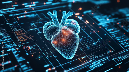 Human heart. Digital technologies in medicine and scientific research of body. 3D modeling in transplantology of internal organs. 3d illustration