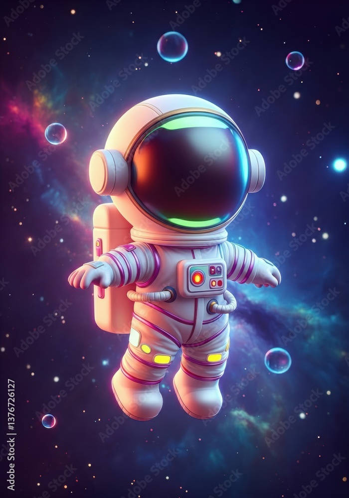 Naklejka premium Cute astronaut floating in space surrounded by colorful bubbles