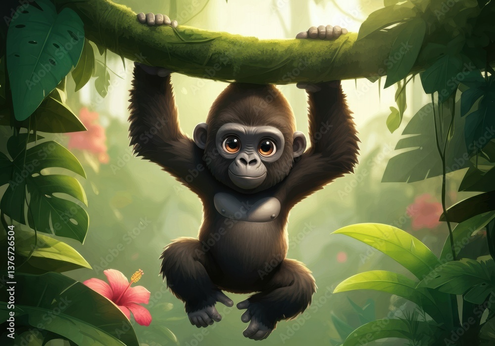Obraz premium Playful baby gorilla hanging from a vine in a lush jungle setting