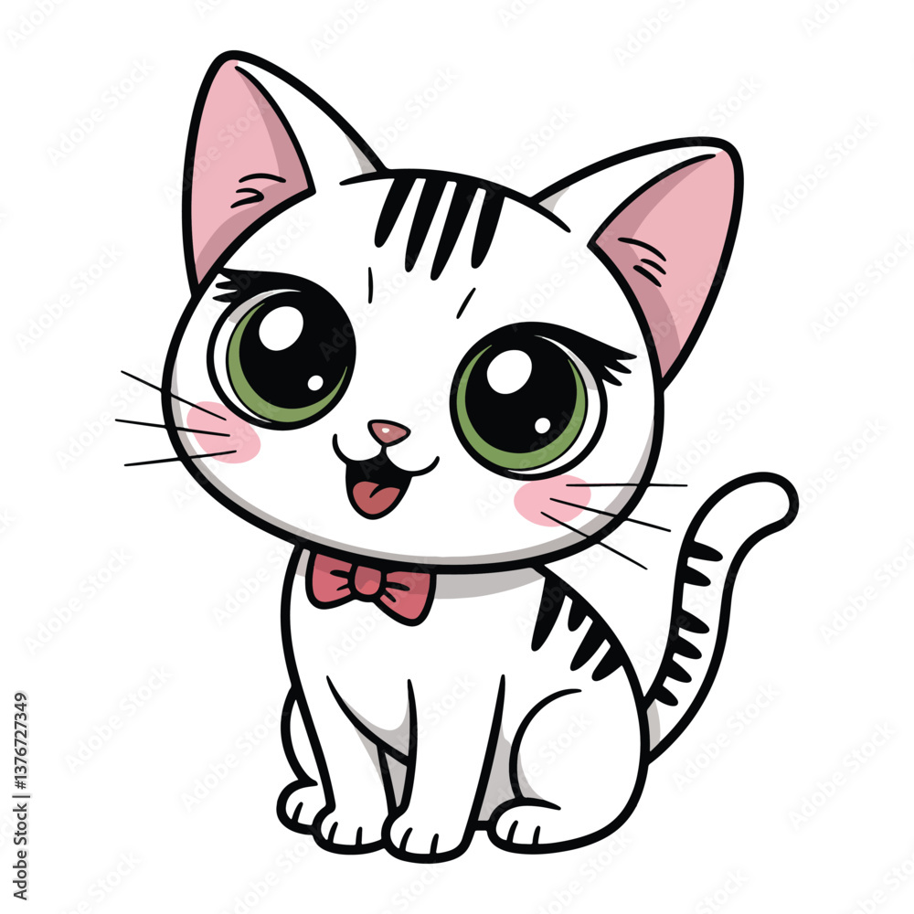 Obraz premium Cute Cartoon Cat with Bow Tie and Big Eyes for Kids