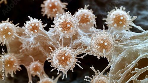 Immune system fights viral infections in body. 3D illustration of white blood cells of attacking microbes in blood. Scientific illustration of microorganisms under microscope depth of field effect
