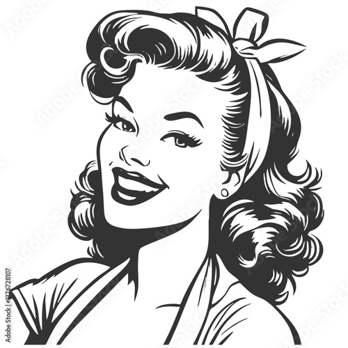 cheerful woman with curled hair and a tied bandana, classic 1950s pin-up style sketch engraving generative ai fictional character vector illustration. Scratch board imitation. Black and white image.