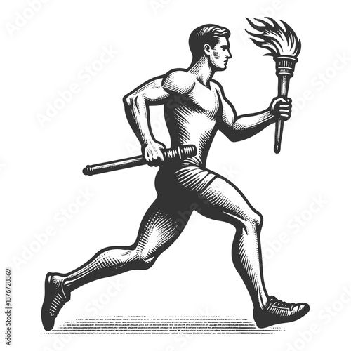 male athlete running with a flaming torch, symbolizing determination and achievement sketch engraving generative ai vector illustration. Scratch board imitation. Black and white image.