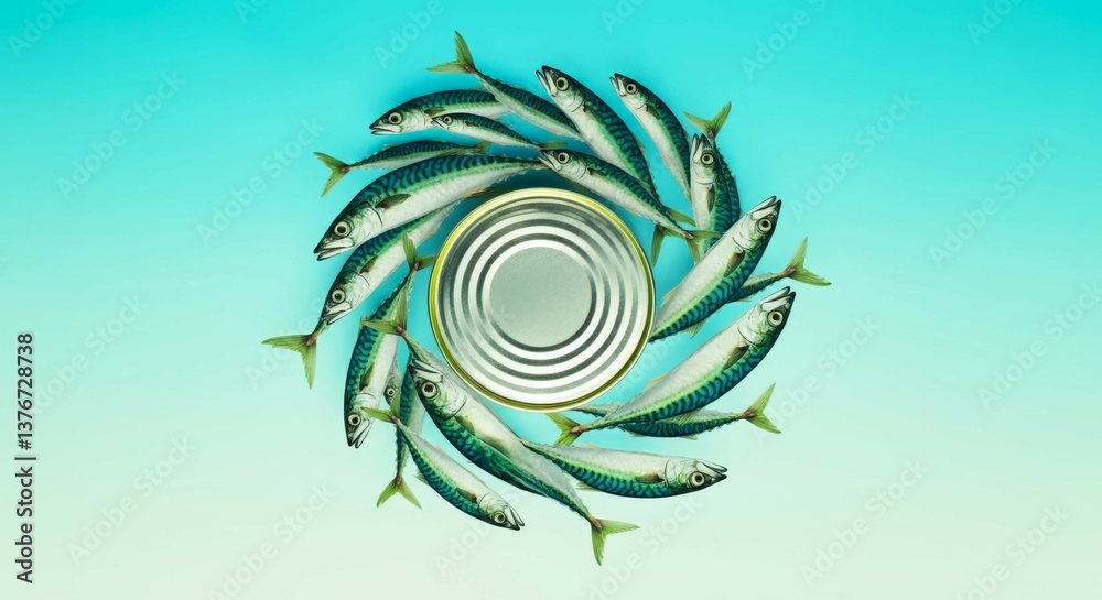 Obraz premium Visually striking arrangement of sardines around an empty tin on a blue background