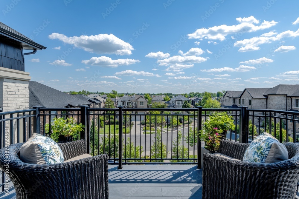 Fototapeta premium an elegant balcony with wicker chairs, overlooking the city and suburban houses under a blue sky The balcony has black metal railings around it Generative AI