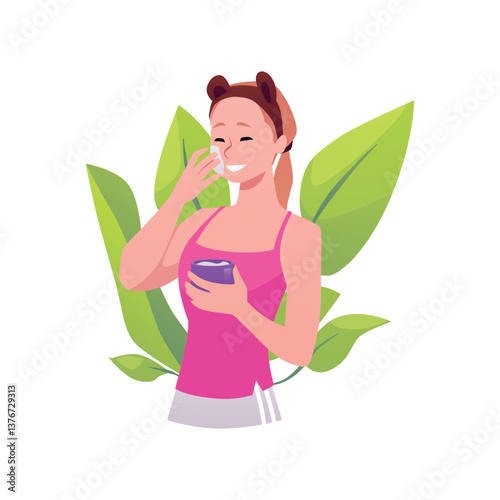 Woman with cream bottle smears face skin, floral essence fragrance cosmetic vector design, natural aromatherapy product