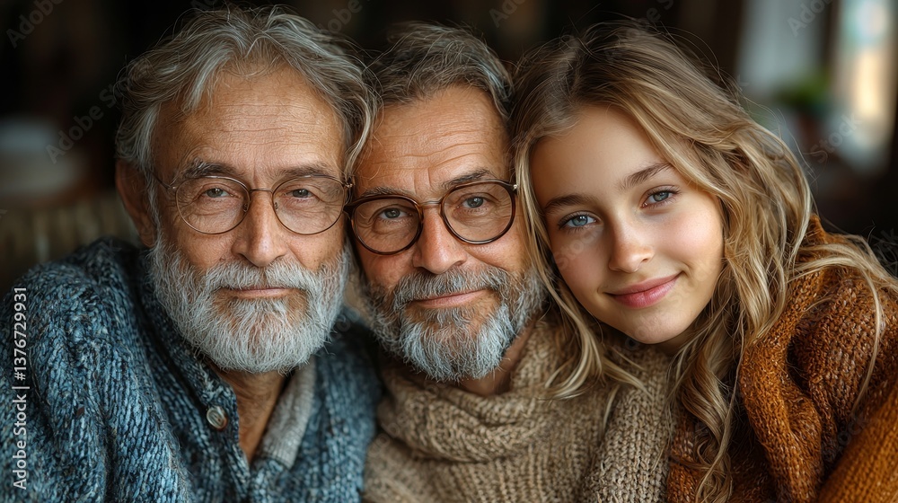 A joyful multigenerational family portrait featuring two elderly men and a young woman showcasing love and connection.