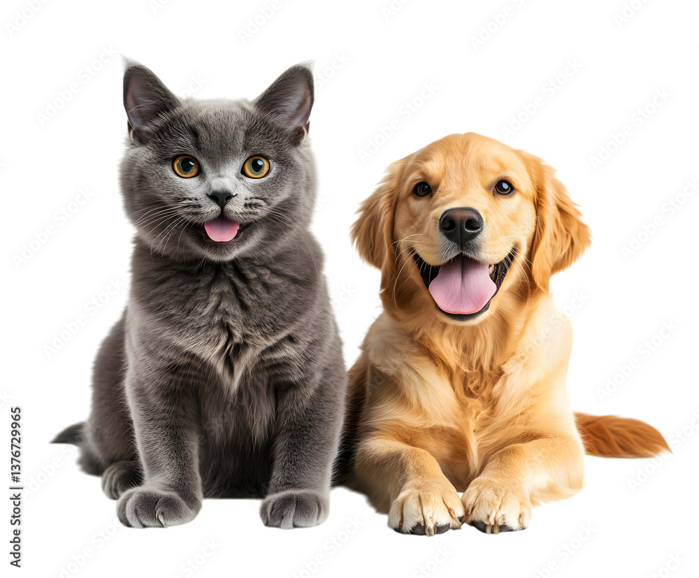 Fototapeta premium Adorable Grey Cat and Golden Retriever Sitting Together with Happy Expressions in a Realistic Pet Portrait for Animal Lovers and Home Decor Prints