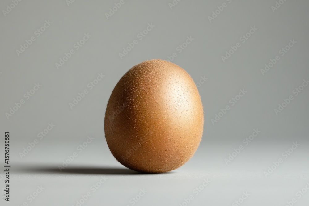 A single brown egg standing on a plain light gray surface A single brown egg standing on a plain light gray surface