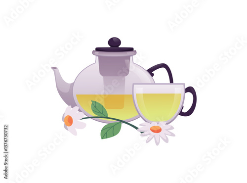 Glass teapot and cup with chamomile flowers, vector herbal tea ceremony, kettle with floral hot beverage, aromatherapy