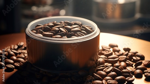 A photo of an empty coffee bean container in soft light. ' ,High Quality Details , 8k full ultra HD --ar 16:9 --v 5.2 Job ID: 57415e58-3653-4369-a313-2c559885d03e