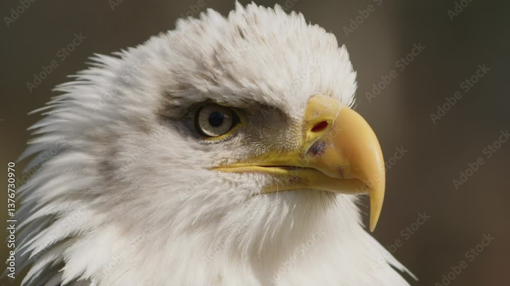 Close-up of a majestic bald eagle with a sharp beak and intense gaze, showcasing its white head and yellow beak against a blurred background. Close-up of a majestic bald eagle with a sharp beak and intense gaze, showcasing its white head and yellow beak against a blurred background.