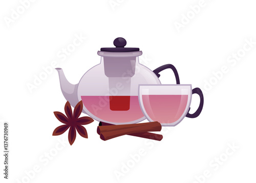 Glass teapot and cup with anise star and cinnamon sticks vector flat icon, spice herbal tea ceremony, aromatherapy