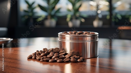 A photo of an empty coffee bean container on a counter.