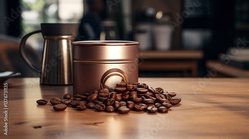 A photo of an empty coffee bean container on a counter.