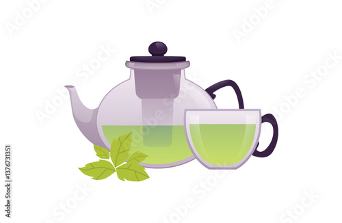 Vector illustration of glass teapot and mug with green tea and leaf near it.