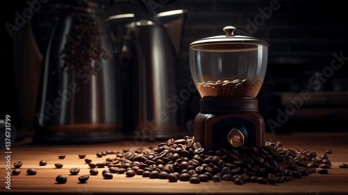 A photo of an empty coffee bean jar beside a grinder.