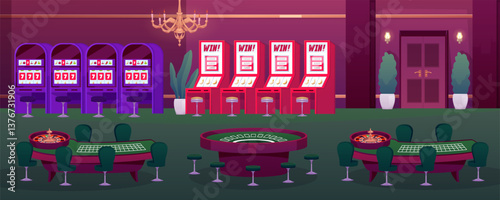 Slot machines and poker tables in casino interior, win jackpot casino, gambling game, vector flat entertainment industry