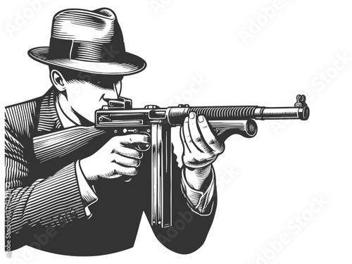 gangster wearing a fedora and pinstripe suit, aiming a machine gun, evoking noir-era crime aesthetic sketch engraving generative ai vector illustration. Scratch board imitation. Black and white image.