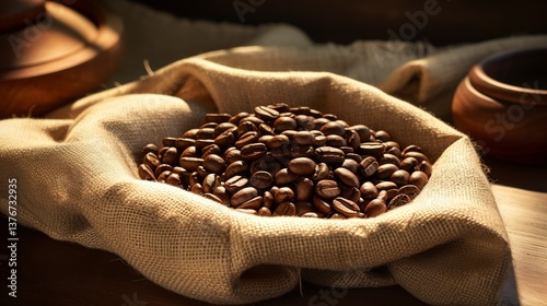 A photo of an empty coffee bean sack with open threads. ,