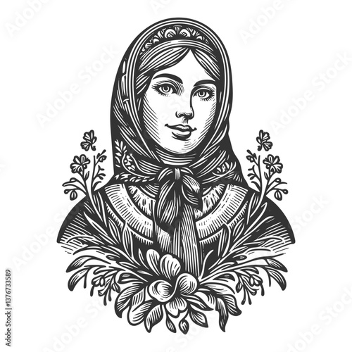 Russian woman in detailed folk costume and headscarve, Slavic heritage and cultural beauty in vintage style sketch engraving generative ai vector illustration. Scratch board. Black and white.