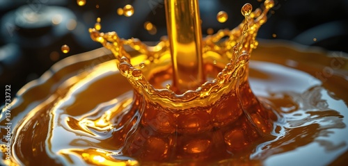 Oil wave splashing in engine. Concept of lubricant, gear, vehicle part. Pouring engine motor oil splash, liquid drops. Automotive repair service, maintenance. Generative AI art, auto industry.