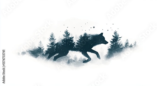 A watercolor depiction of a wolf in motion, with its silhouette prominent, on a snowy scene with a white backdrop