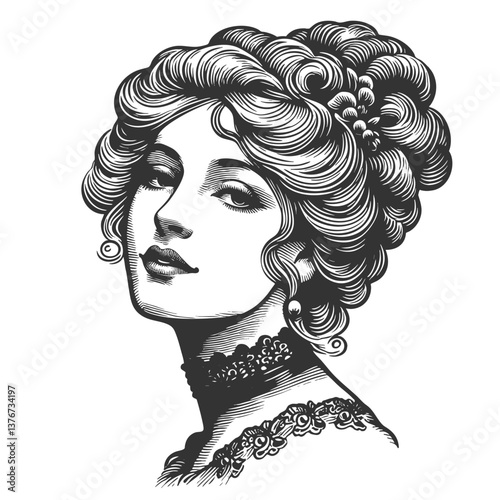 graceful French woman with styled hair and lace choker, capturing 19th-century romantic elegance and charm sketch engraving generative ai vector illustration. Scratch board. Black and white image.