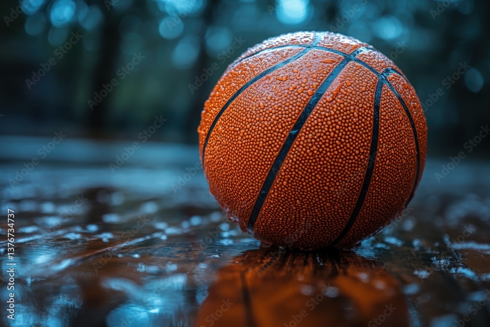 A wet basketball resting on a rain-soaked court in the evening light of a quiet park A wet basketball resting on a rain-soaked court in the evening light of a quiet park