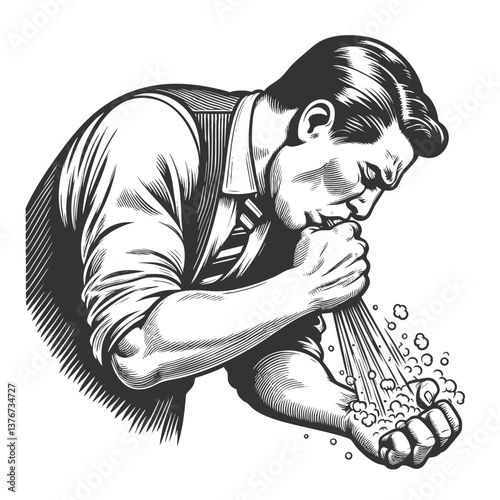 man forcefully sneezing into his hand, spreading droplets, emphasizing hygiene and illness awareness sketch engraving generative ai vector illustration. Scratch board imitation. Black and white image.
