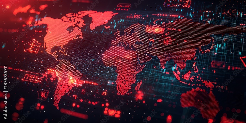 Obraz premium A digital map glowing with red trade war indicators, highlighting global economic tension. Background blurred with currency symbols and stock market crashes.
