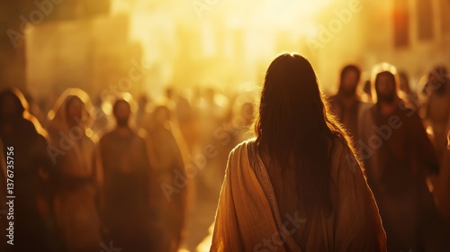Woman walking among the Jews after being forgiven by Jesus Christ. Biblical representation of a woman among the people suffering rebuke.