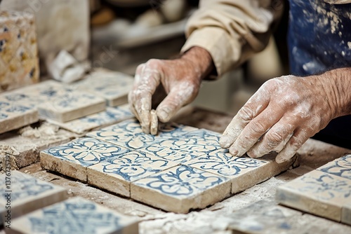 Mature caucasian male artisan crafting traditional ceramic tiles with blue floral patterns
