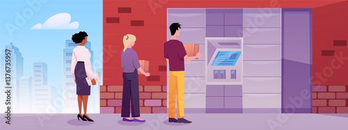 Self service locker post station in city, vector people sending parcels via delivery automat machine, shipment terminal