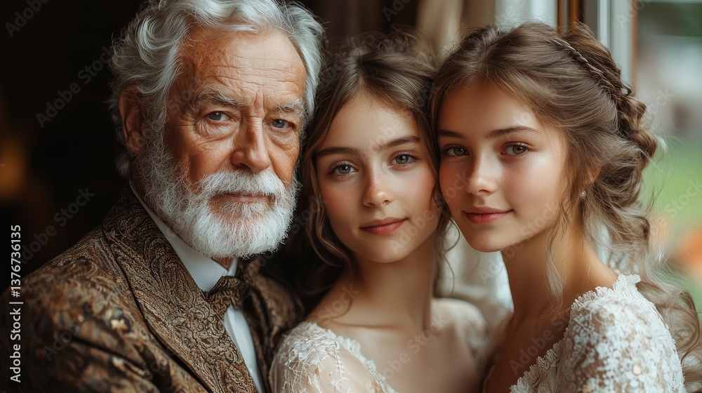 Obraz premium Capturing timeless bonds between generations, a grandfather and two beautiful granddaughters share a warm embrace in a cozy setting.