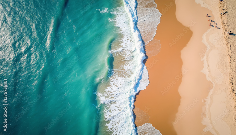 Aerial view of turquoise waves meeting golden sand, beach serenity Aerial view of turquoise waves meeting golden sand, beach serenity