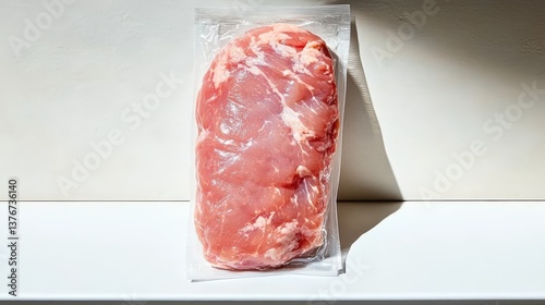 Fresh raw chicken breast in vacuum-sealed packaging on sterile white surface