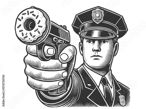 police officer pointing a handgun with a donut barrel, creating humorous contrast sketch engraving generative ai fictional character vector illustration. Scratch board imitation. Black and white image